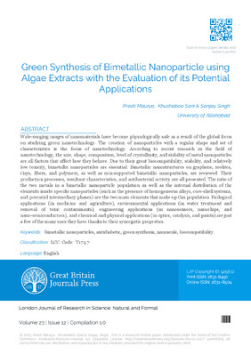 Green Synthesis of Bimetallic Nanoparticle using Algae Extracts with the Evaluation of its Potential Applications