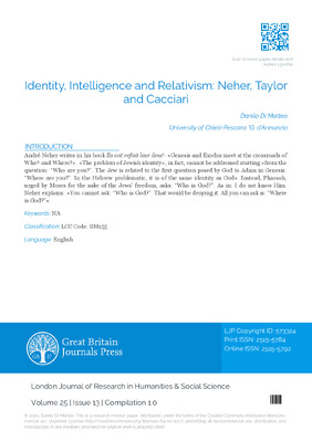 Identity, Intelligence, and Relativism: Neher, Taylor, and Cacciari