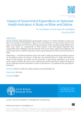 Impact of Government Expenditure on Selected Health Indicators: A Study on Bihar and Odisha