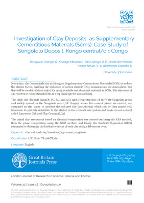 Investigation of Clay Deposits as Supplementary Cimentitious Materials (Scm): Case Study of Songololo Deposit, Kongo Central/Dr Congo