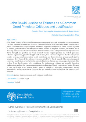 John Rawls’ Justice as Fairness as a Common Good Principle: Critiques and Justification