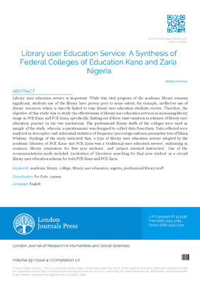 Library User Education Service: A Synthesis of Federal Colleges of Education Kano and Zaria, Nigeria