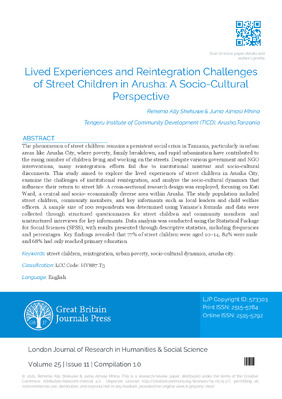 Lived Experiences and Reintegration Challenges of Street Children in Arusha: A Socio-Cultural Perspective