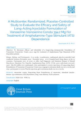 A Multicenter, Randomized, Placebo-Controlled Study to Evaluate the Efficacy and Safety of long-Acting Injectable Formulation of Vanoxerine (Vanoxerine Consta 394.2 mg) for Treatment of Amphetamine-Type Stimulant (ATS) Dependence.“