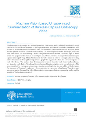 Machine Vision based Unsupervised Summarization of Wireless Capsule Endoscopy Video