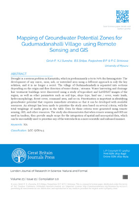 Mapping of Groundwater Potential Zones for Gudumadanahalli Village using Remote Sensing and GIS