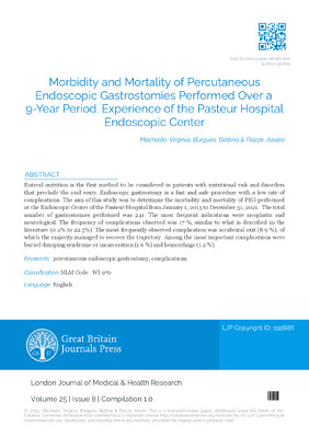 Morbidity and Mortality of Percutaneous Endoscopic Gastrostomies Performed Over A 9-Year Period. Experience of the Pasteur Hospital Endoscopic Center