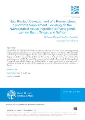 New Product Development of a Premenstrual Syndrome Supplement, Focusing on the Nutraceutical ctive Ingredients; Pycnogenol, Lemon Balm, Ginger, and Saffron
