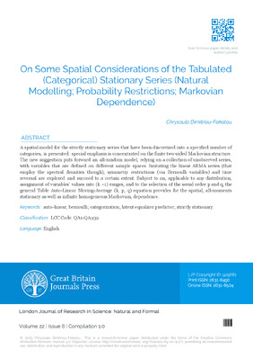On Some Spatial Considerations of the Tabulated (Categorical) Stationary Series (Natural Modelling; Probability Restrictions; Markovian Dependence)
