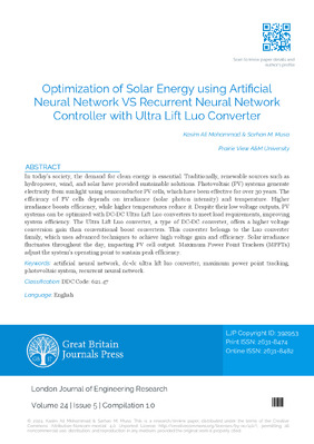 Optimization of Solar Energy using Artificial Neural Network VS Recurrent Neural Network Controller with Ultra Lift Luo Converter
