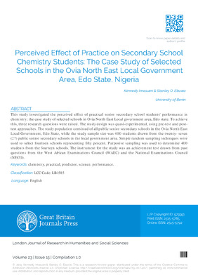 Perceived Effect of Practice on Secondary School Chemistry Students: the Case Study of Selected Schools in the Ovia North Eastlocal Government Area, Edo State, Nigeria.