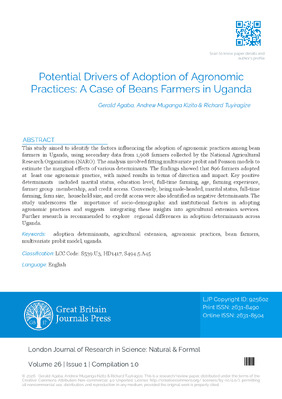 Potential Drivers of Adoption of Agronomic Practices: A Case of Beans Farmers in Uganda