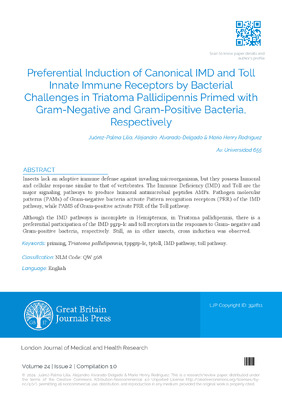 Preferential Induction of Anonical IMD and Toll Innate Immune Receptors by Bacterial Challenges in Triatoma Pallidipennis Primed with Gram-Negative and Gram-Positive Bacteria, Respectively
