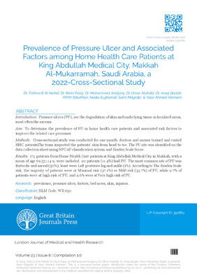 Prevalence of Pressure Ulcer and Associated Factors among Home Health Care Patients at King Abdullah Medical City, Makkah Al-Mukarramah, Saudi Arabia, 2022 a Cross Sectional Study