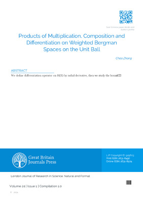Products of Multiplication, Composition and Differentiation on Weighted Bergman Spaces on the Unit Ball