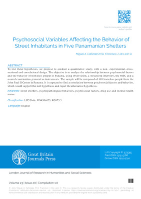 Psychosocial Variables Affecting the Behavior of Street Inhabitants in Five Panamanian Shelters  Miguel A. Cañizales M