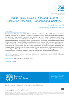 Public Policy Issues, Ethics, and Roles of Marketing Research Concerns and Initiatives