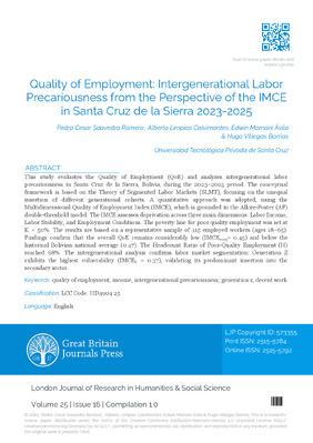 Quality of Employment: Intergenerational Labor Precariousness from the Perspective of the IMCE in Santa Cruz De La Sierra 2023 – 2025
