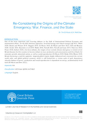 Re-Considering the Origins of the Climate Emergency:  War, Finance, and the State