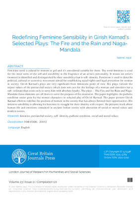 Redefining Feminine Sensibility in Girish Karnad’s Selected Plays: The Fire and the Rain and Naga-Mandala