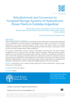 Refurbishment and Conversion to Pumped/Storage Systems of Hydroelectric Power Plants in Córdoba (Argentina)