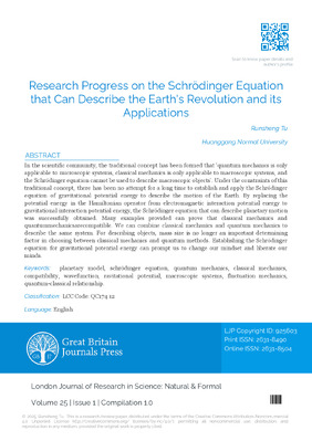 Research Progress on the Schrödinger Equation that can Describe the Earth’s Revolution and its Applications