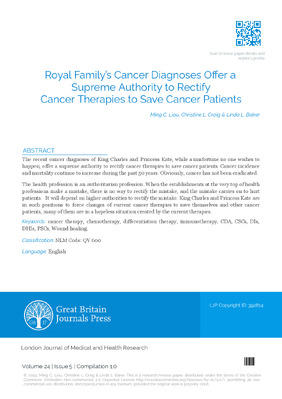 Royal Family’s Cancer Diagnoses Offer a Supreme Authority to Rectify Cancer Therapies to Save Cancer Patients