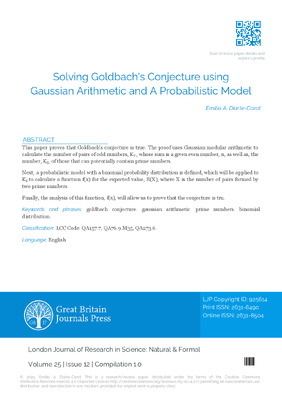Solving Goldbach’s Conjecture using Gaussian Arithmetic and a Probabilistic Model