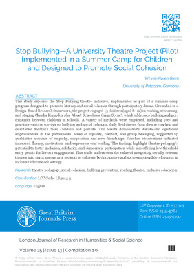 Stop Bullying-A University Theatre Project (Pilot) Implemented in a Summer Camp for Children and Designed to Promote Social Cohesion