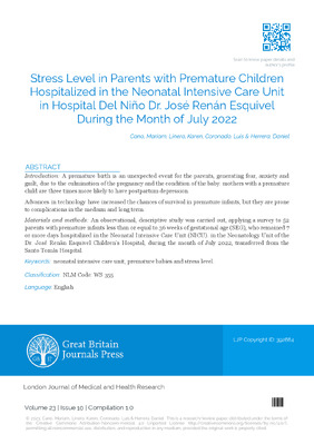 Stress Level in Parents with Premature Children Hospitalized in the Neonatal Intensive Care Unit in Hospital del Niño Dr. José Renán Esquivel  During the Month of July 2022