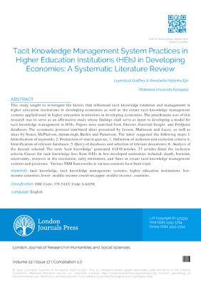 Tacit knowledge Management System Practices in Higher Education Institutions (HEIs) in Developing Economies: A Systematic literature Review