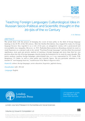 Teaching Foreign Languages Culturological Idea in Russian Socio-Political and Scientific Thought in the 20-50s of the Xx Century