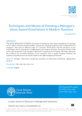 Techniques and Means of Forming a Manager’s Value-based Orientations in Modern Business