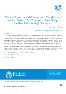 Textual Cohesion and Coherence in Translation of Historical Text: An E-C Translation Case Study of The Revolution of 1848 (Excerpts)