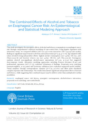 The Combined Effects of Alcohol and Tobacco on Esophageal Cancer Risk: An Epidemiological and Statistical Modeling Approach