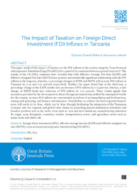 The Impact of Taxation on Foreign Direct Investment (FDI) Inflows in Tanzania