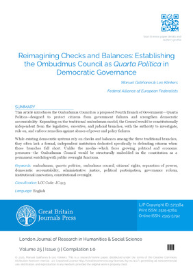 Reimagining Checks and Balances: Establishing the Ombudmus Council  as Quarta Politica in Democratic Governance