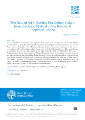 The Role of Art in Conflict Resolution: Insight From the Apoo Festival of the People of Techiman, Ghana