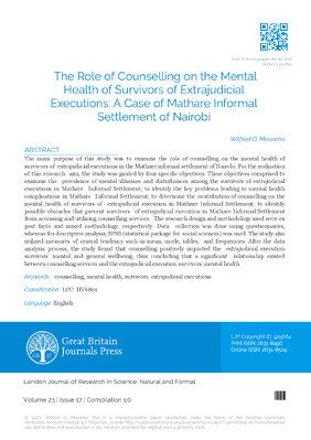 The Role of Counselling on the Mental Health of Survivors of Extrajudicial Executions: A Case of Mathare Informal Settlement of Nairobi