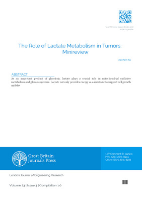 The Role of Lactate Metabolism in Tumorsa a Minireview