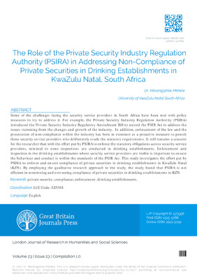 The Role of the Private Security Industry Regulation Authority (PSIRA) in Addressing Non-Compliance of Private Securities in Drinking Establishments in KwaZulu Natal, South Africa