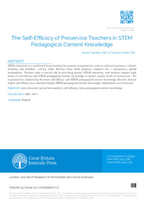 The Self-Efficacy of Preservice Teachers in STEM Pedagogical Content Knowledge
