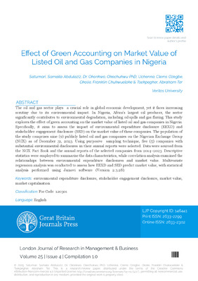 Effect of Green Accounting on Market Value of Listed Oil and Gas Companies in Nigeria