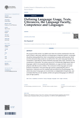 Defining Language: Usage, Texts, Utterances, the Language Faculty, Competence and Languages