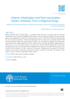 Vitamin-Medication and Post Vaccination Rabies Antibody Titres in Nigerian Dogs