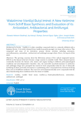 Walatimine (Vanillyl butyl imine): A New Ketimine from Schiff base Synthesis and Evaluation of its Antioxidant, Antibacterial and Antifungal Properties