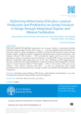 Optimizing Watermelon (Citrullus Lanatus) Production and Profitability on Sandy Ferralsol in Kenge through Integrated Organic and Mineral Fertilization