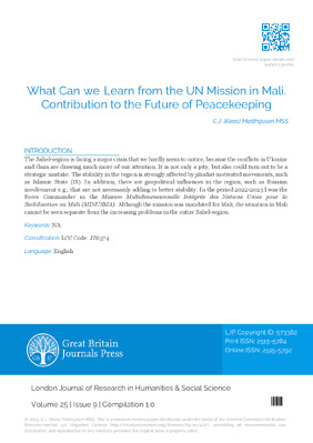 What can we Learn from the UN Mission in Mali. Contribution to the Future of Peacekeeping