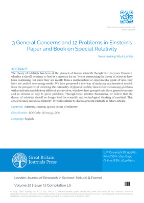 3 General Concerns and 12 Problems in Einstein’s Paper and Book on Special Relativity
