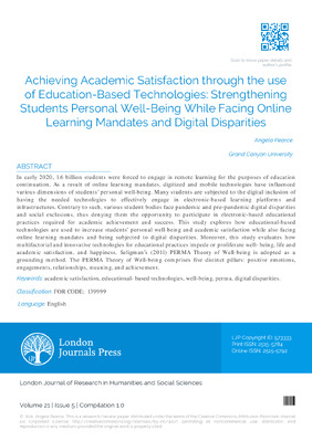 Achieving Academic Satisfaction through the use of Education-Based Technologies: Strengthening Students Personal Well-being While Facing Online Learning Mandates and Digital Disparities